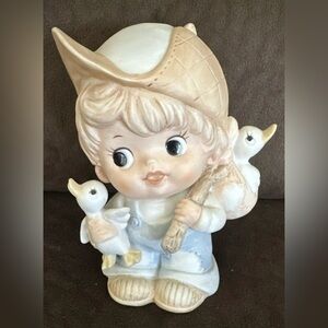 Homco Figurine with Tan Hat and Blue Overalls